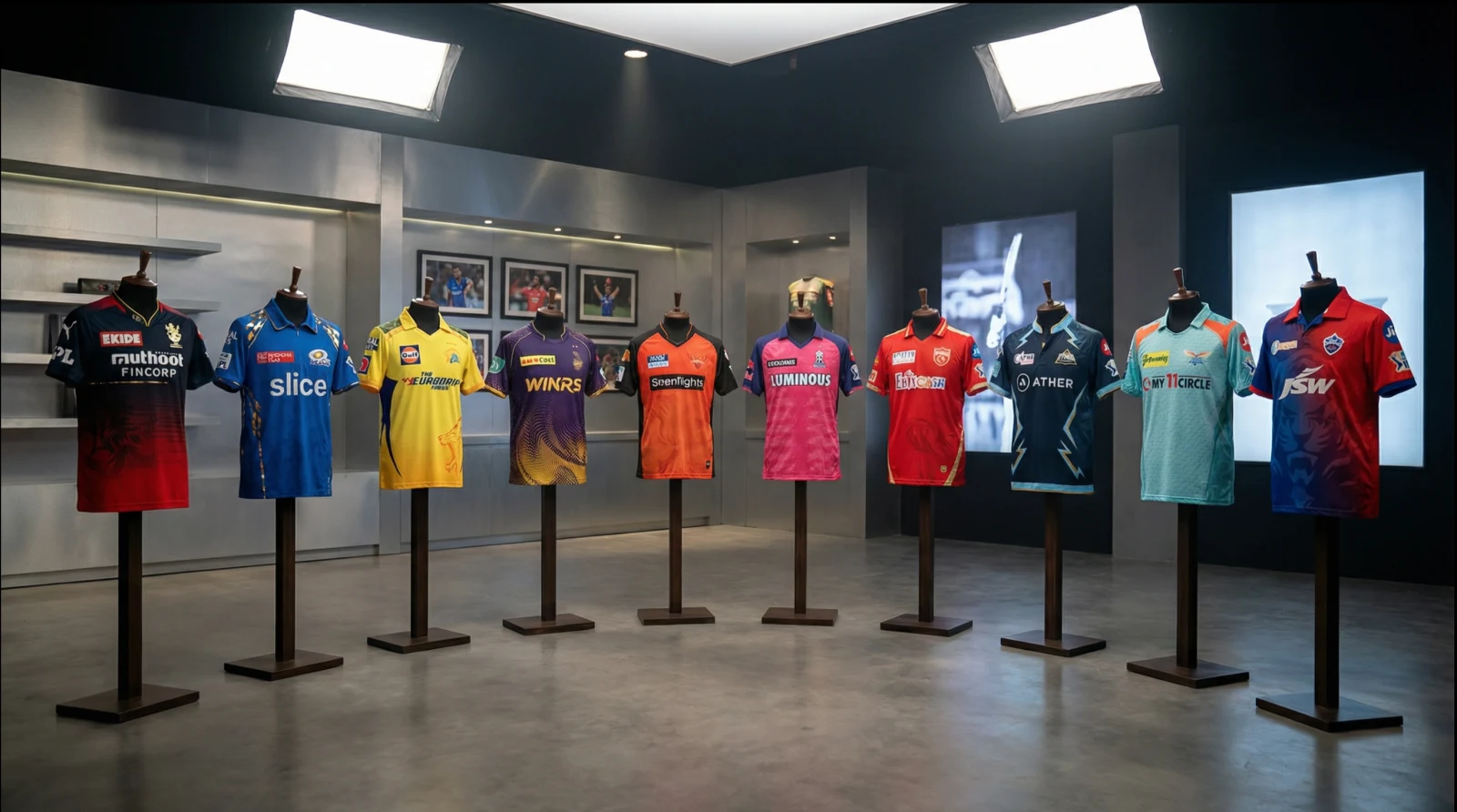 IPL team jerseys displayed in a matchday locker room gallery